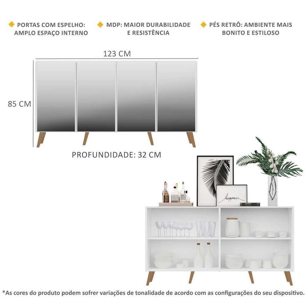 Aparador Buffet 4 Portas Com Espelho Retrô Vegas Multimóveis V3559 Branco/natural Branco/natural - 5
