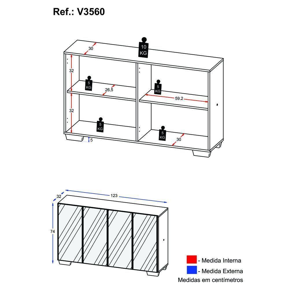 Aparador Buffet 4 Portas Com Espelho E Pés Quadrados Multimóveis V3560 Rustic/branco Rustic/branco - 5