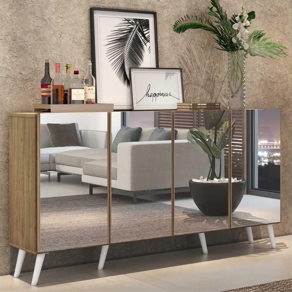 Aparador Buffet 4 Portas Com Espelho Retrô Vegas V3559 Rustic/Branco Rustic/Branco - 7