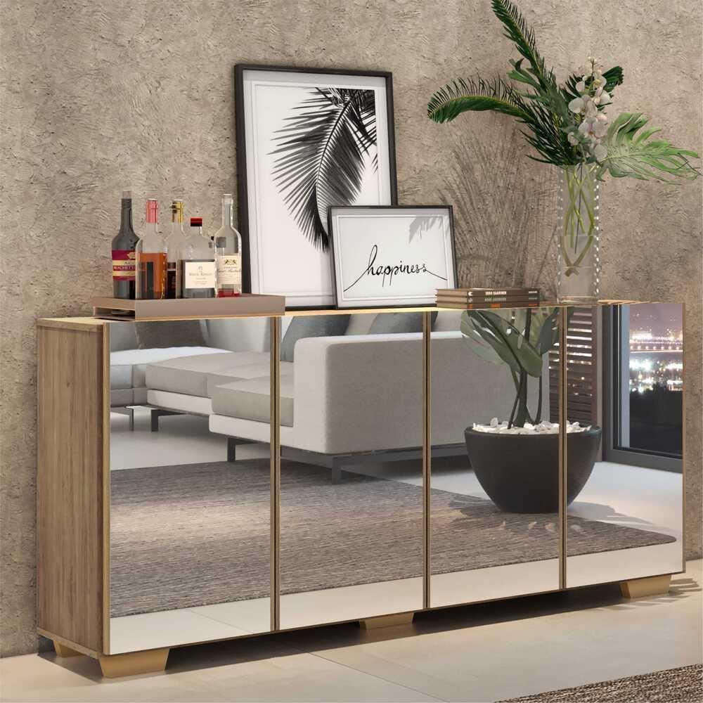 Aparador Buffet 4 Portas Com Espelho E Pés Quadrados Vegas V3560 Rustic/Natural Rustic/Natural - 7
