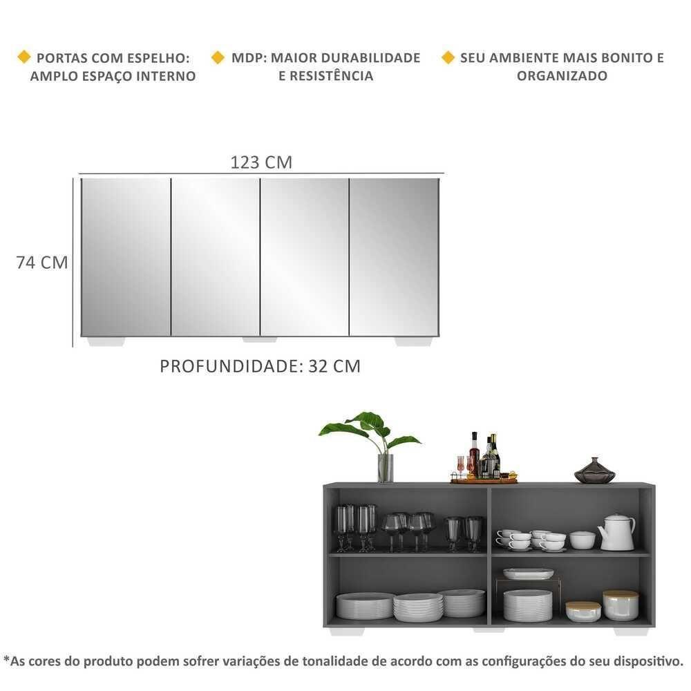 Aparador Buffet 4 Portas Com Espelho E Pés Quadrados Vegas V3560 Grafite/Branco Grafite/Branco - 5
