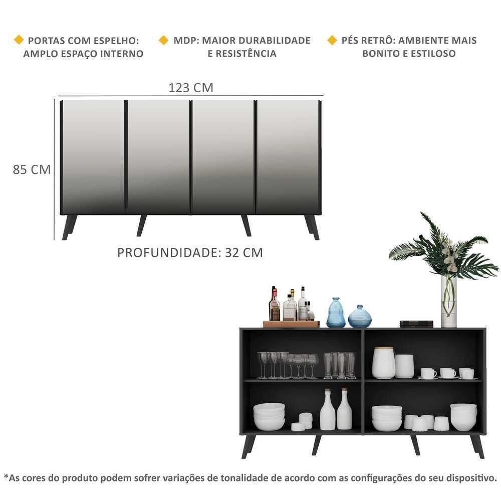 Aparador Buffet 4 Portas Com Espelho Retrô Vegas Multimóveis V3559 Preto Preto - 5