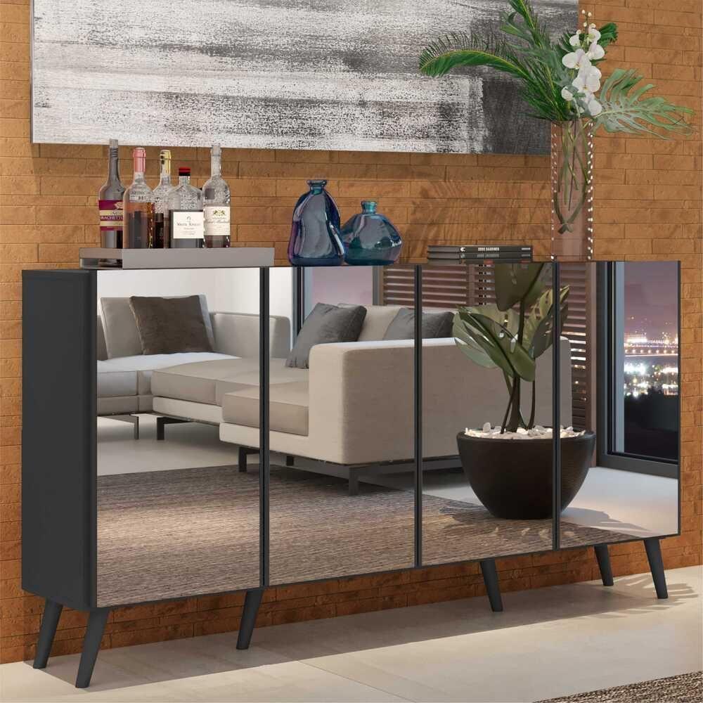 Aparador Buffet 4 Portas Com Espelho Retrô Vegas Multimóveis V3559 Preto Preto - 6