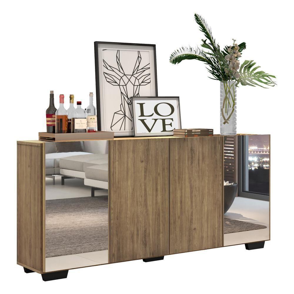 Aparador Buffet 4 Portas Com Espelho E Pés Quadrados Vegas V3563 Rustic/Preto Rustic/Preto - 1