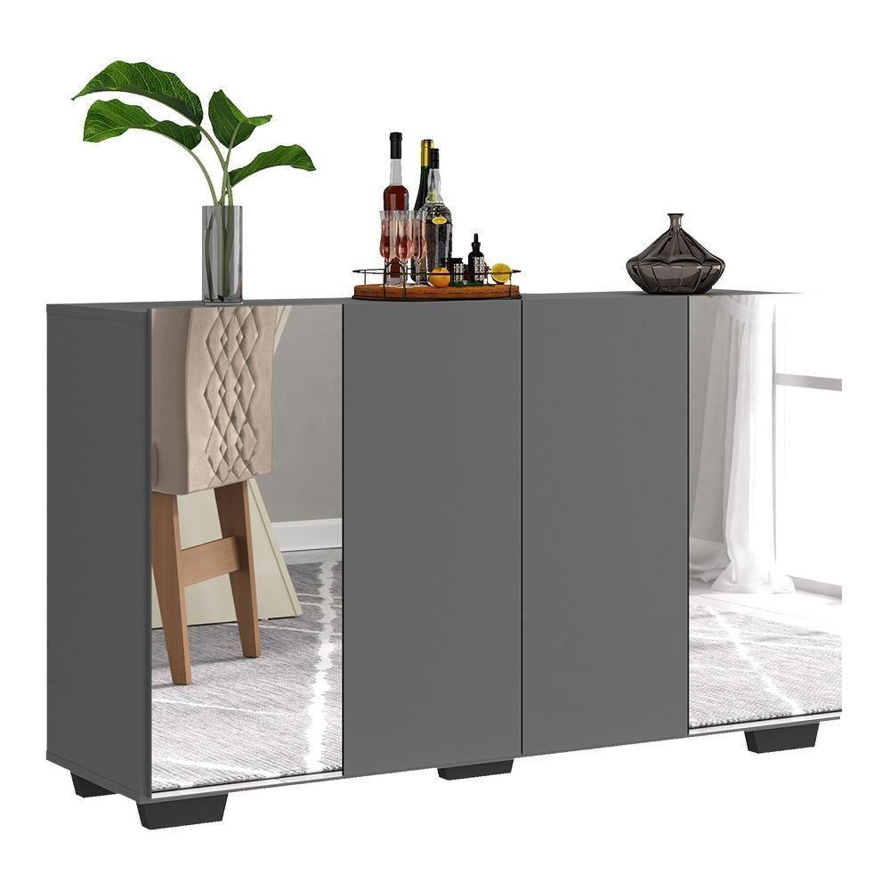 Aparador Buffet 4 Portas Com Espelho E Pés Quadrados Multimóveis V3563 Grafite/preto Grafite/preto - 1