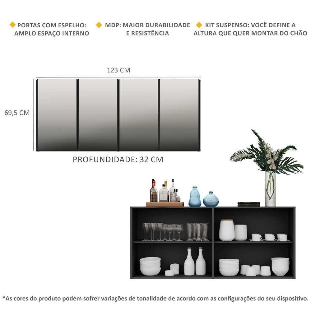 Aparador Buffet 4 Portas Com Espelho Suspenso Vegas Multimóveis V3596 Preto Preto - 4