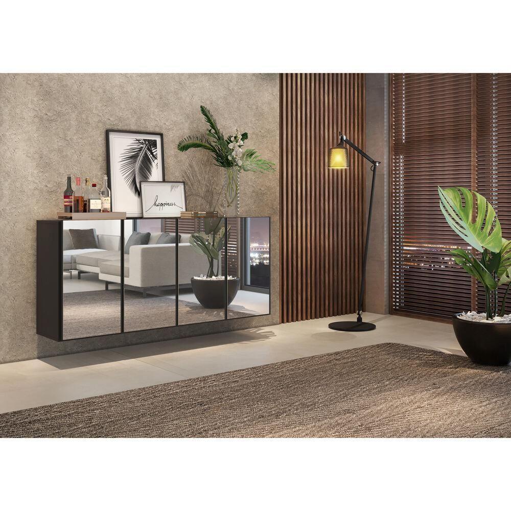 Aparador Buffet 4 Portas Com Espelho Suspenso Vegas Multimóveis V3596 Preto Preto - 1