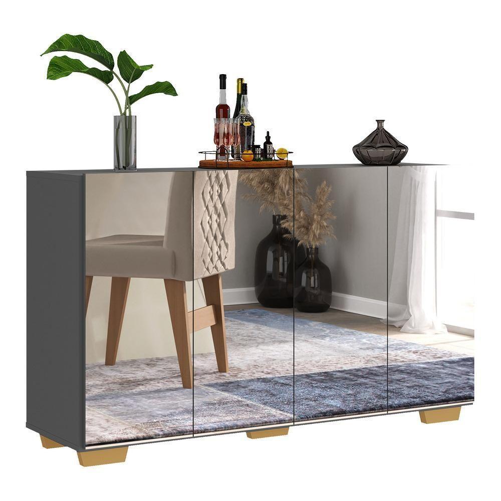 Aparador Buffet 4 Portas Com Espelho E Pés Quadrados Vegas V3560 Grafite/Natural Grafite/Natural - 1