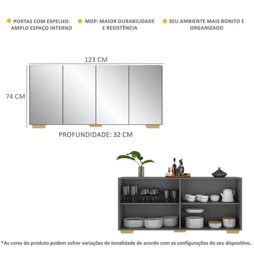 Aparador Buffet 4 Portas Com Espelho E Pés Quadrados Vegas V3560 Grafite/Natural Grafite/Natural - 5