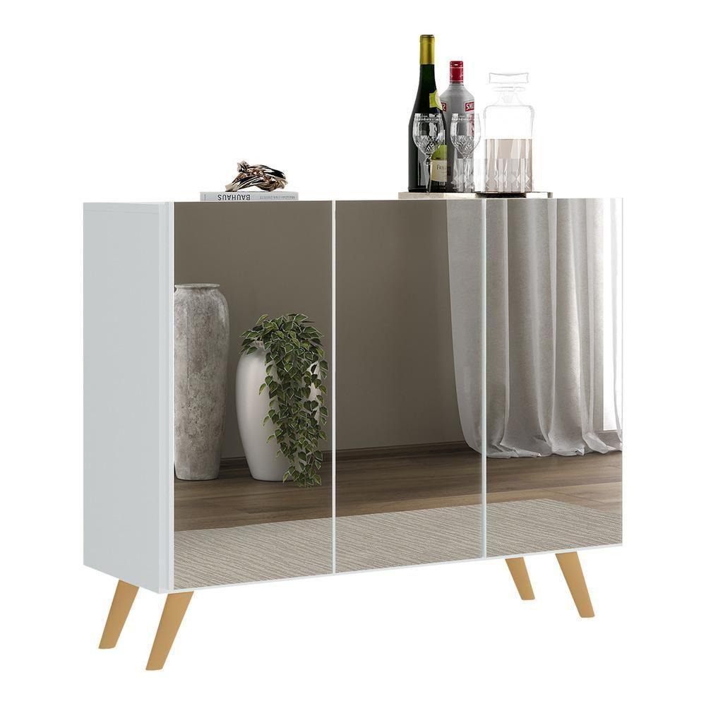 Aparador Buffet 3 Portas Com Espelho Retrô Vegas V1013 Branco/Natural Branco/Natural - 1