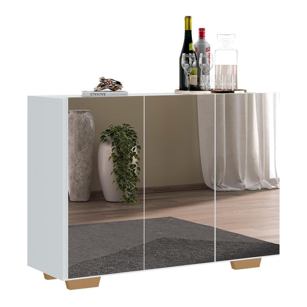 Aparador Buffet 3 Portas Com Espelho E Pés Quadrados Vegas V1014 Branco/Natural Branco/Natural - 1