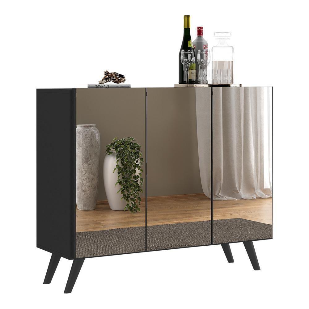 Aparador Buffet 3 Portas Com Espelho Retrô Vegas Multimóveis V1013 Preto Preto - 1