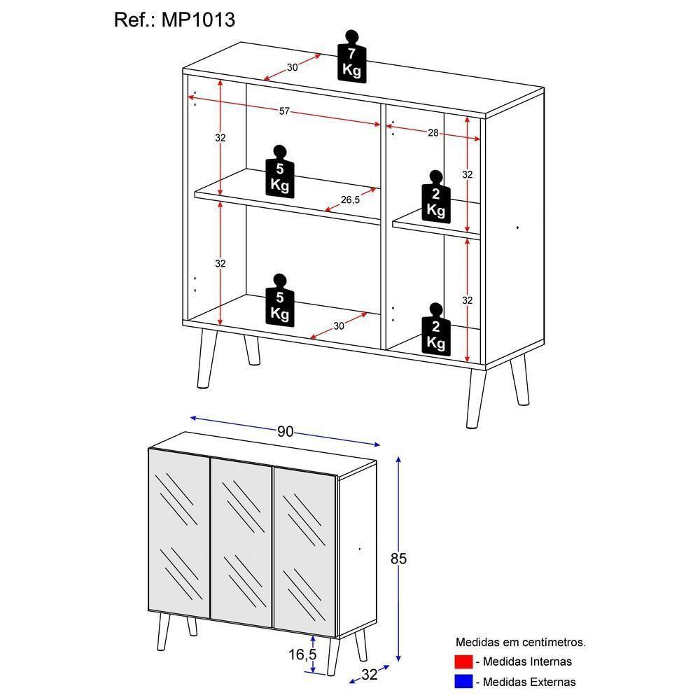 Aparador 3 Portas Com Espelho Retrô Mp1013 Preto/Branco - 4