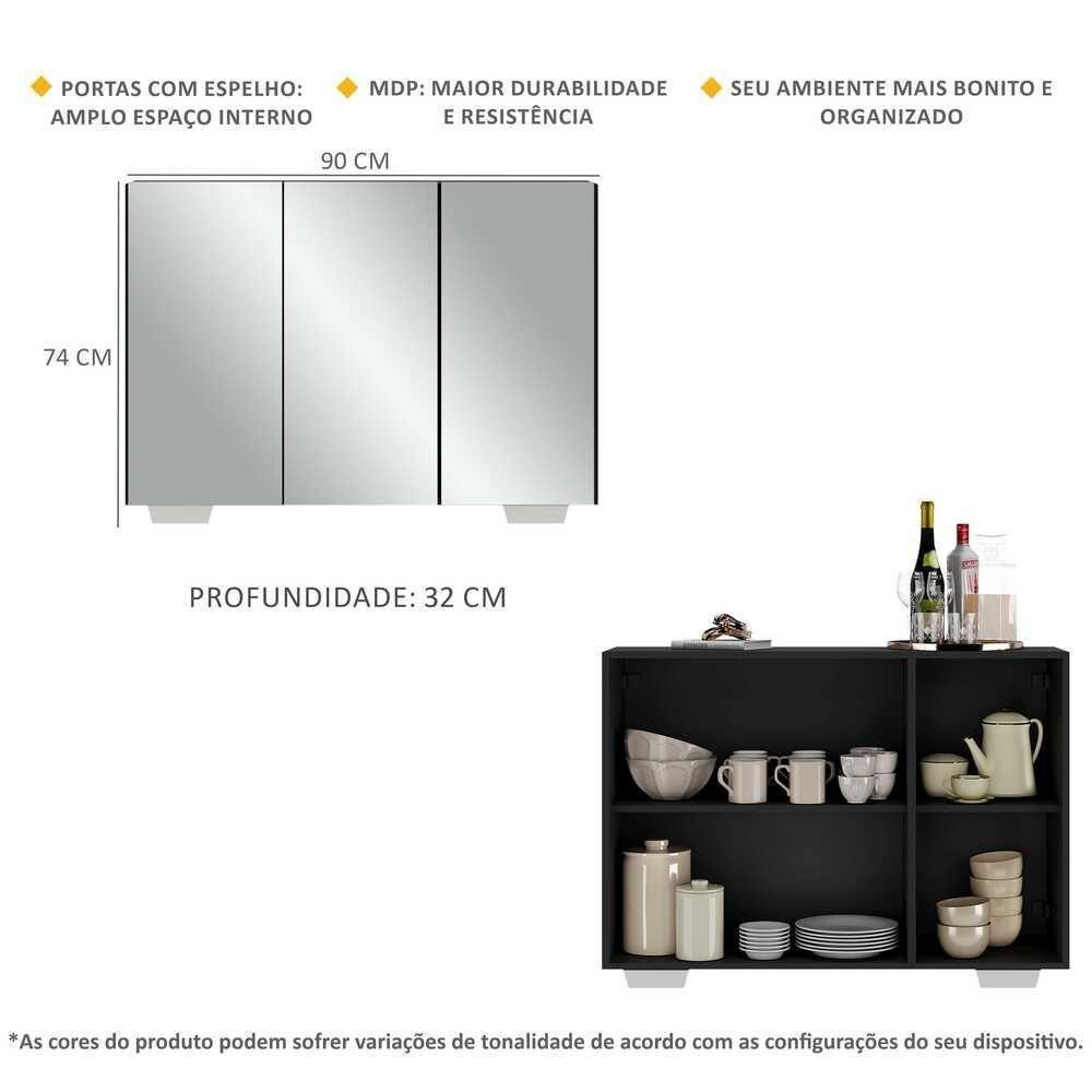 Aparador 3 Portas Com Espelho Mp1014 Preto/Branco - 3