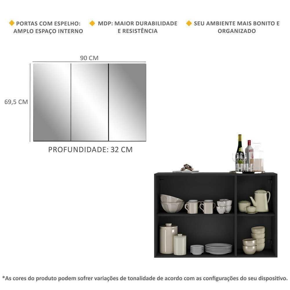 Aparador 3 Portas Com Espelho Mp1011 Preto - 3