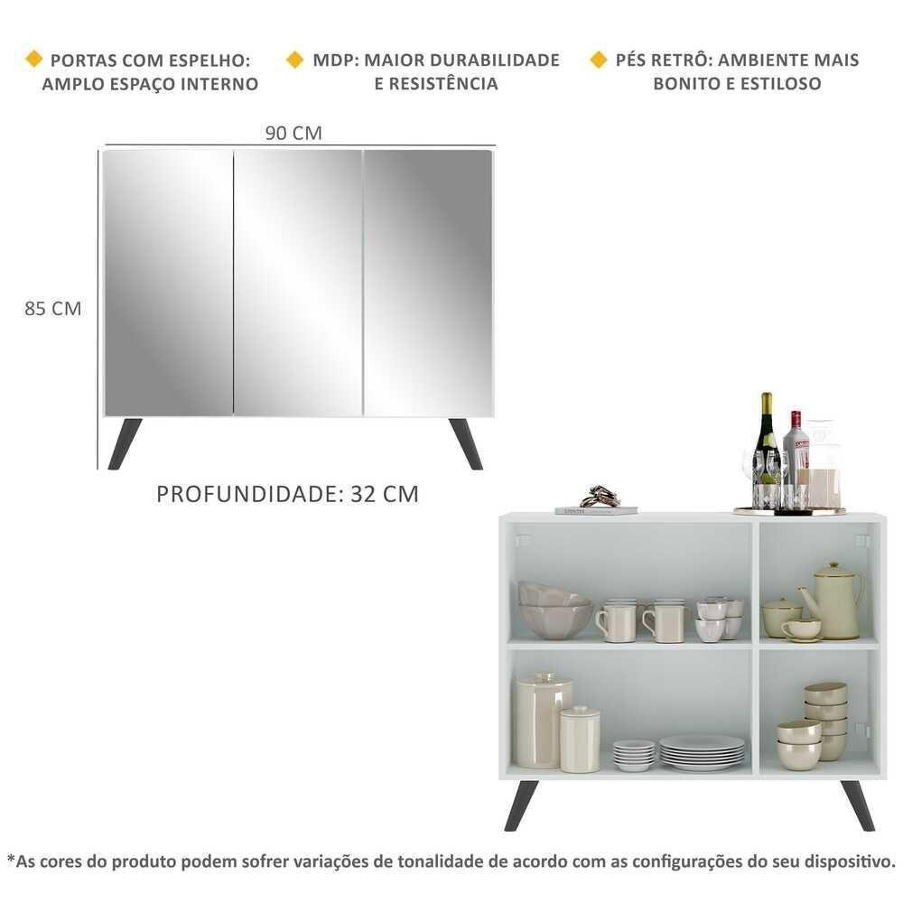 Aparador 3 Portas Com Espelho Retrô Mp1013 Branco/Preto - 3