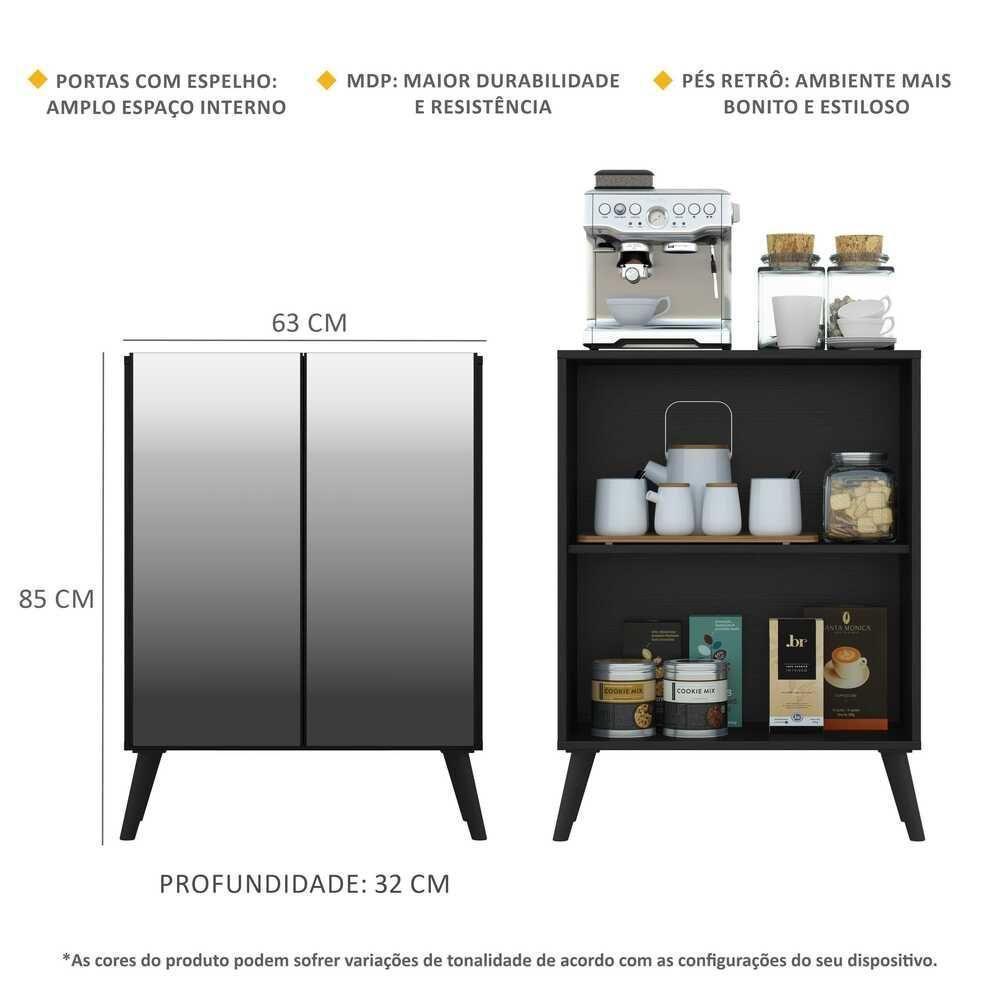 Aparador Buffet 2 Portas Com Espelho Retrô Vegas V3613 Preto Preto - 4