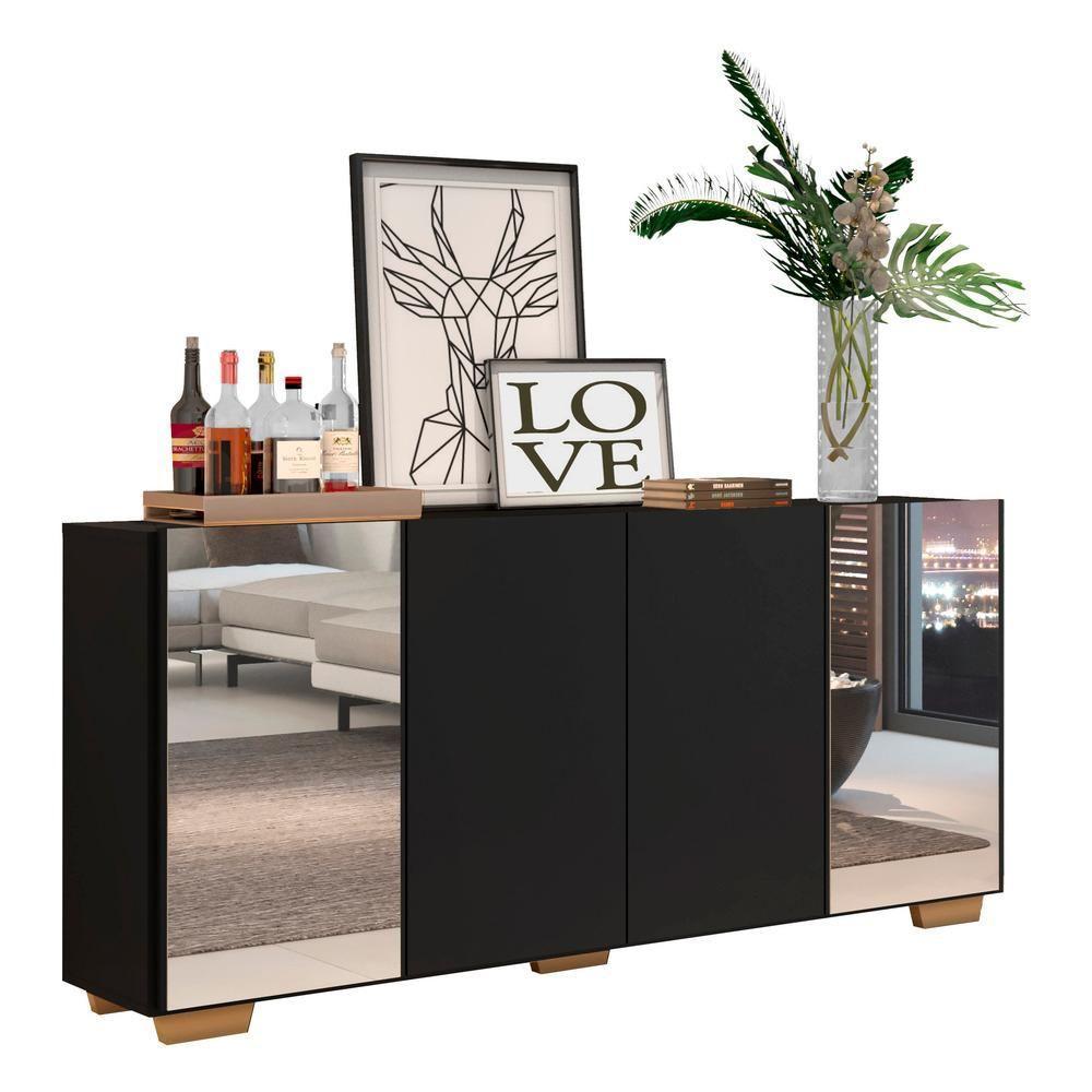Aparador Buffet com Espelho E Pés Quadrados Preto/natural - 1