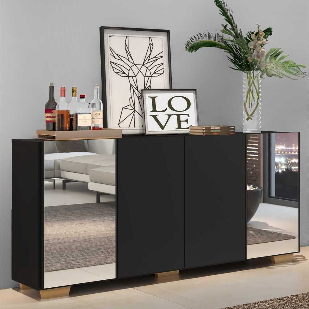 Aparador Buffet com Espelho E Pés Quadrados Preto/natural - 6