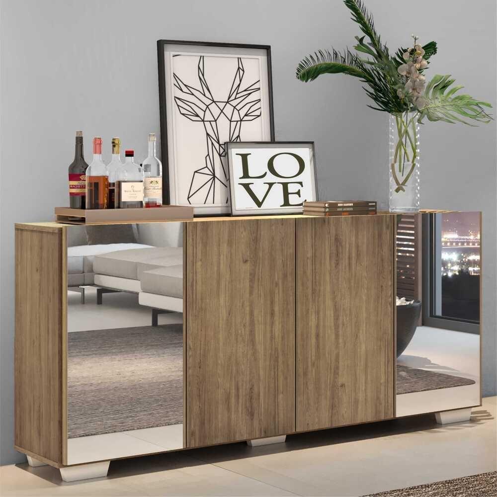 Aparador Buffet com Espelho e Pés Quadrados Rustic/branco - 5