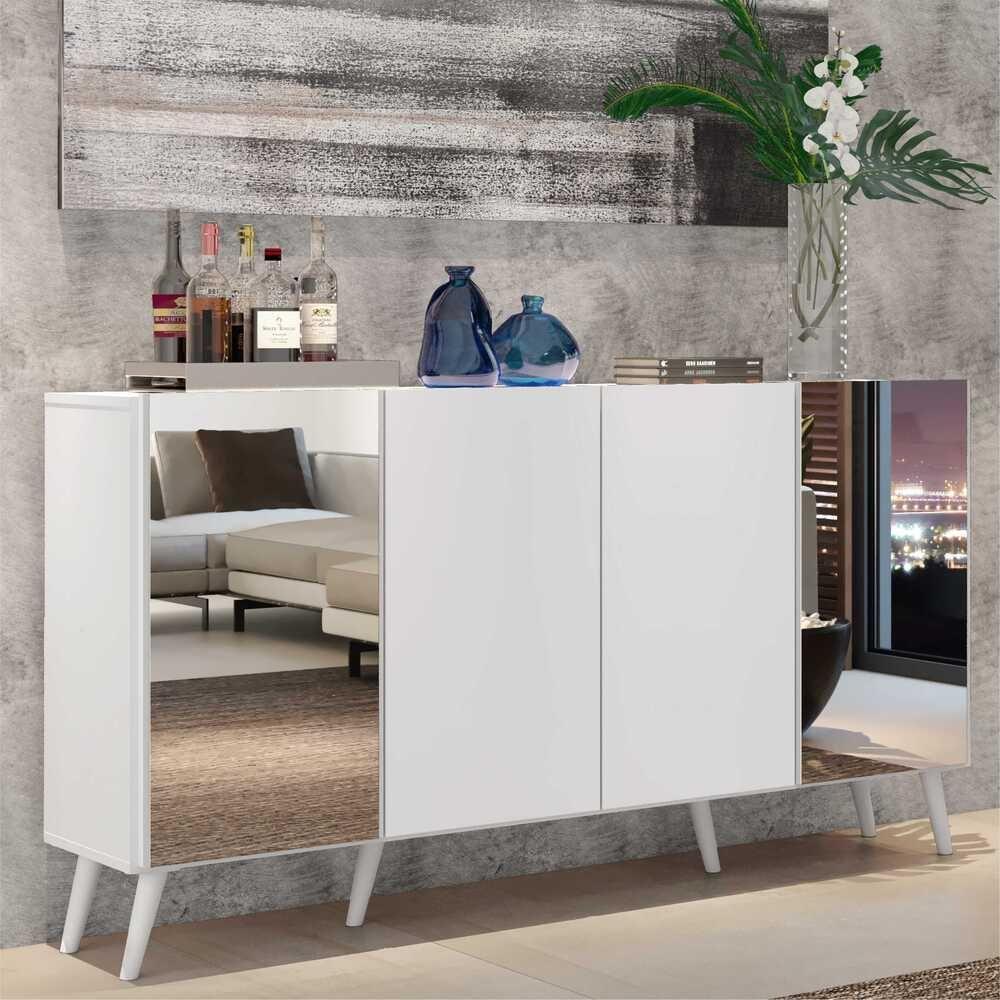 Aparador Buffet com Espelho e Pés Retrô Branco - 3