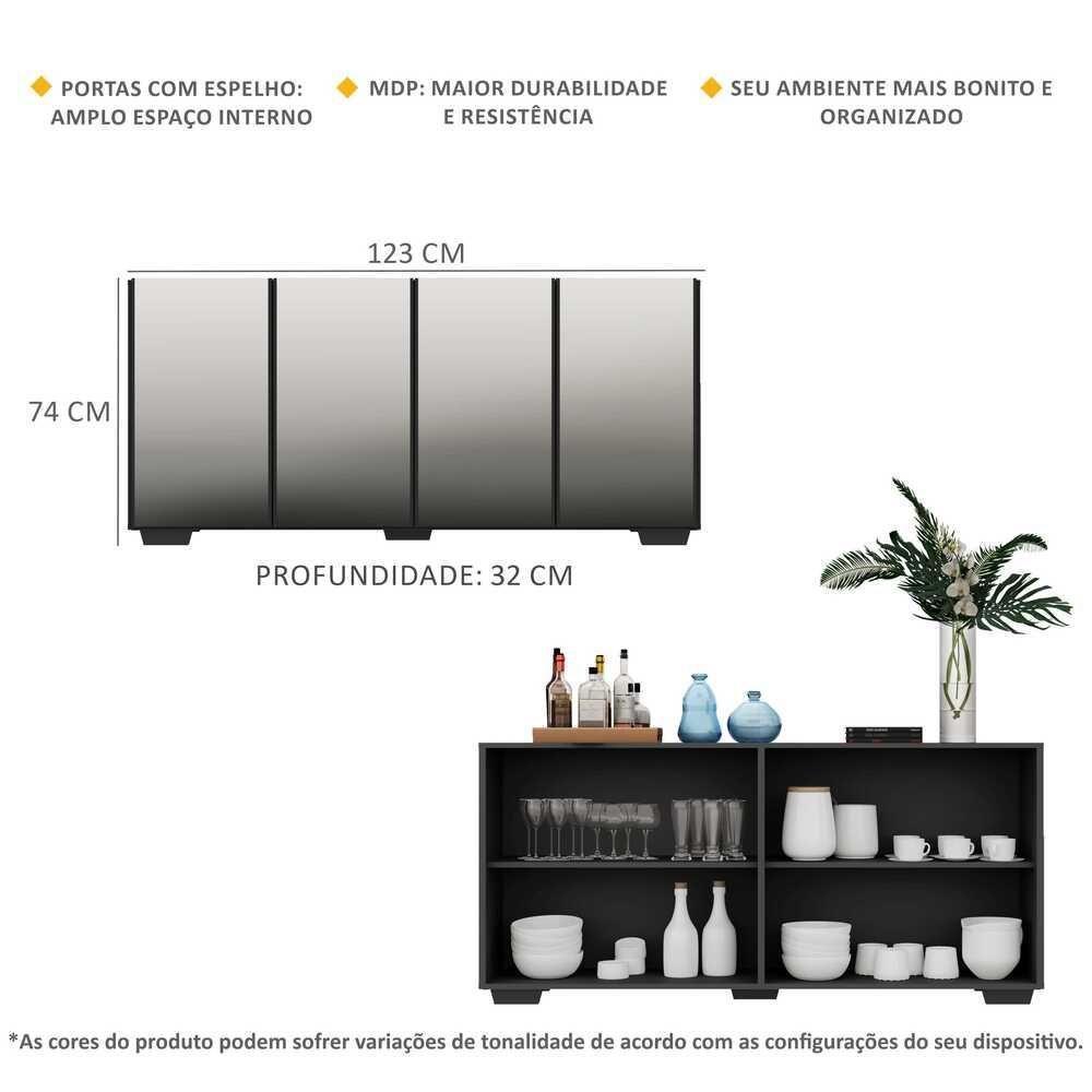 Aparador Buffet 4 Ptas com Espelho e Pés Quadrados Preto - 2
