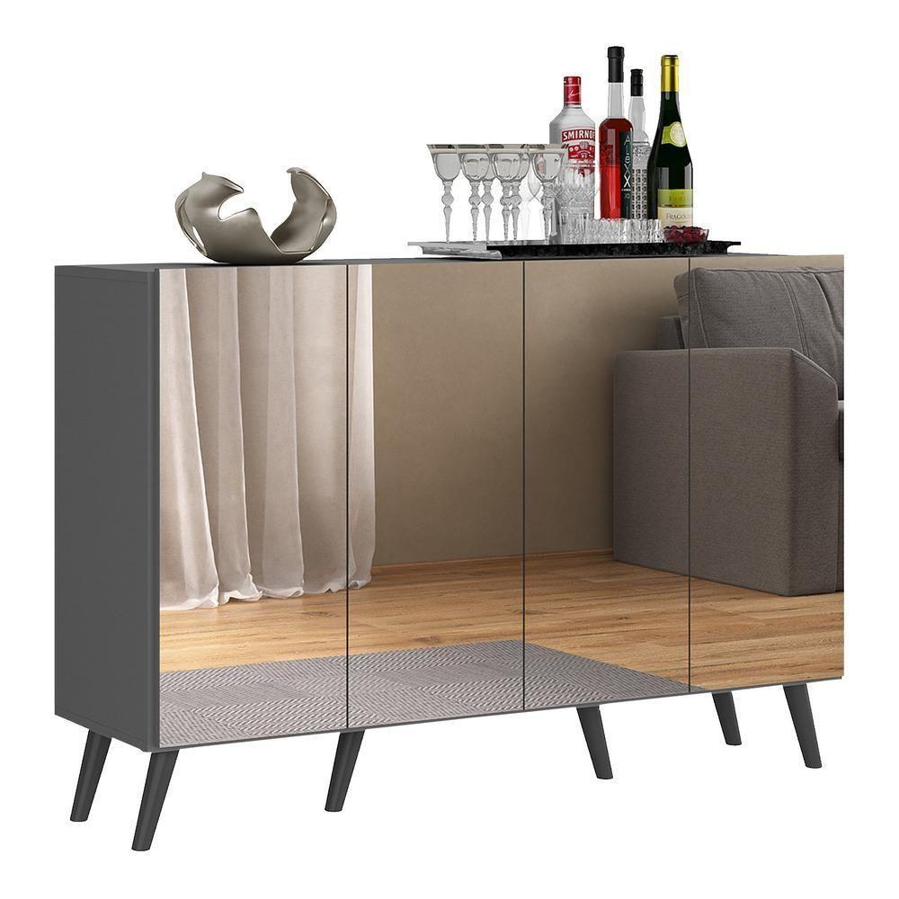 Aparador Buffet 4 Portas Com Espelho Retrô Vegas V3559 Grafite/Preto Grafite/Preto - 1