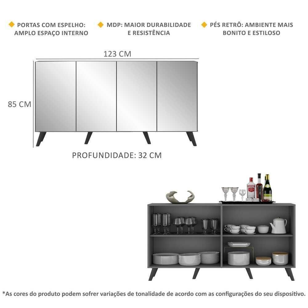 Aparador Buffet 4 Portas Com Espelho Retrô Vegas V3559 Grafite/Preto Grafite/Preto - 5