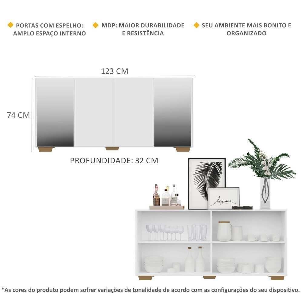 Aparador Buffet 4 Portas Com Espelho Vegas V3563 Branco/Natural - 6