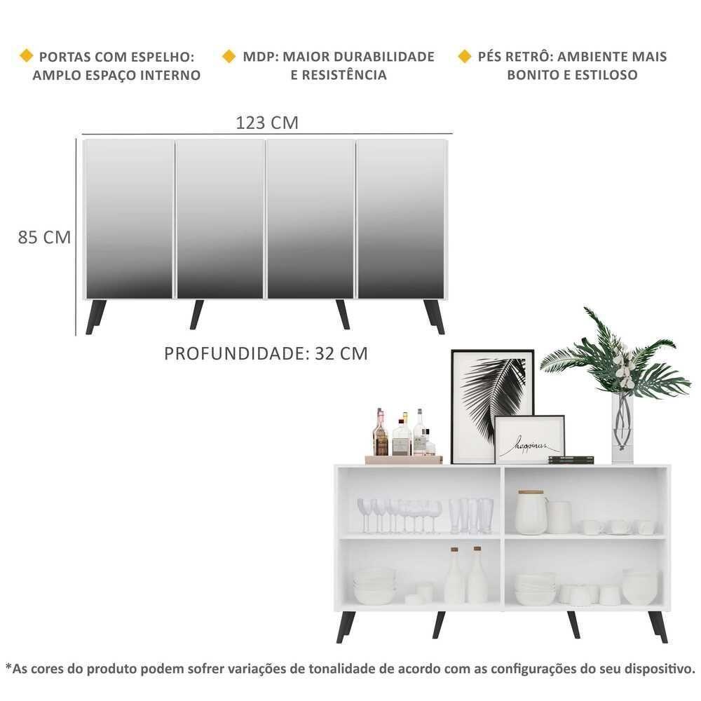 Aparador Buffet 4 Portas Com Espelho Retrô Vegas Multimóveis V3559 Branco/preto Branco/preto - 5