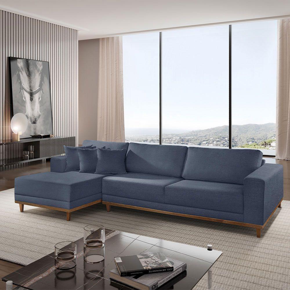 Sofá Cronos Linho 4 Lugares Chaise Lado Esquerdo Meu Sofá On A259 Linho Azul - 1