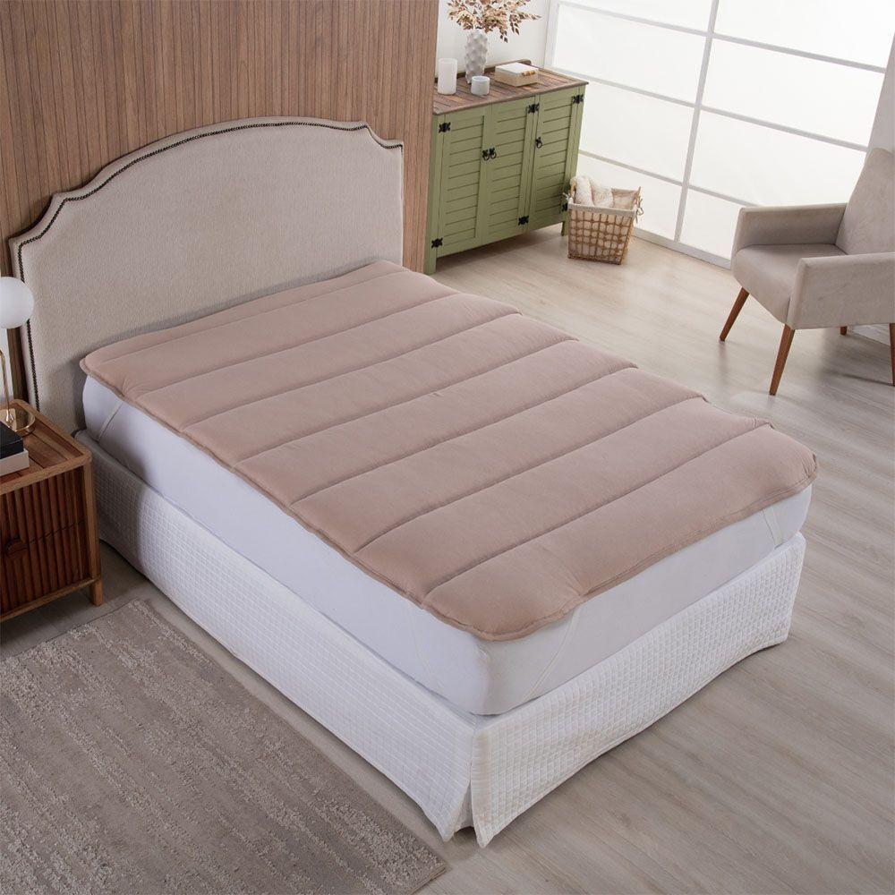 Protetor Colchão Pillow Top Solteiro Malha 100% Algodão Toque Aveludado - Bege - 1
