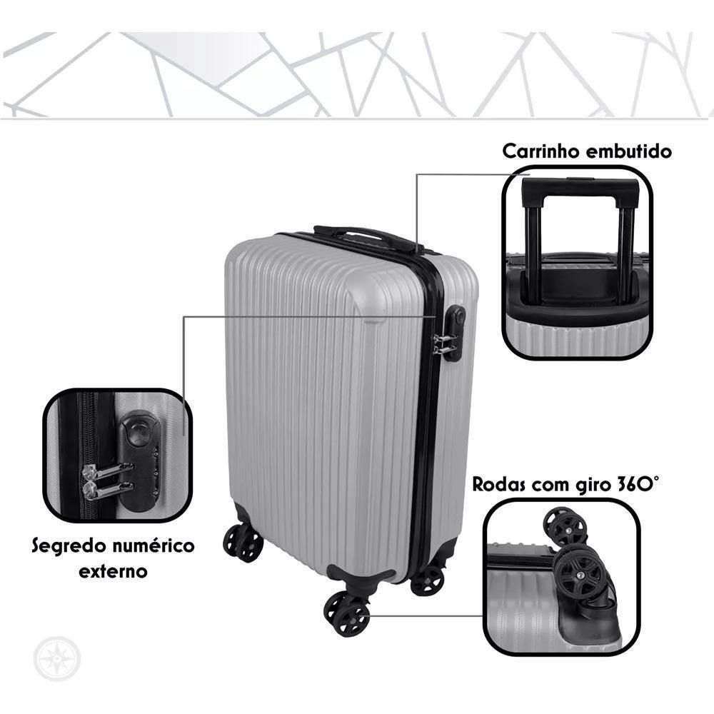 Mala De Viagem Rigida Abs De Bordo Pequena Giro 360 De Mao Padrao Anac Com Cadeado Cinza - 6