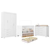 Dormitório Zaki Guarda Roupa, Cômoda E Berço Katatau Branco Fosco Com Colchão Supreme - Reller Móveis Branco Fosco - 1