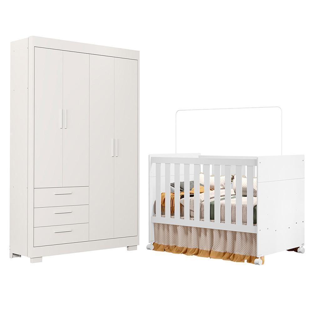 Jogo De Quarto Infantil Zaki Guarda Roupa E Berço Katatau Branco Fosco - Reller Móveis Branco Fosco - 1