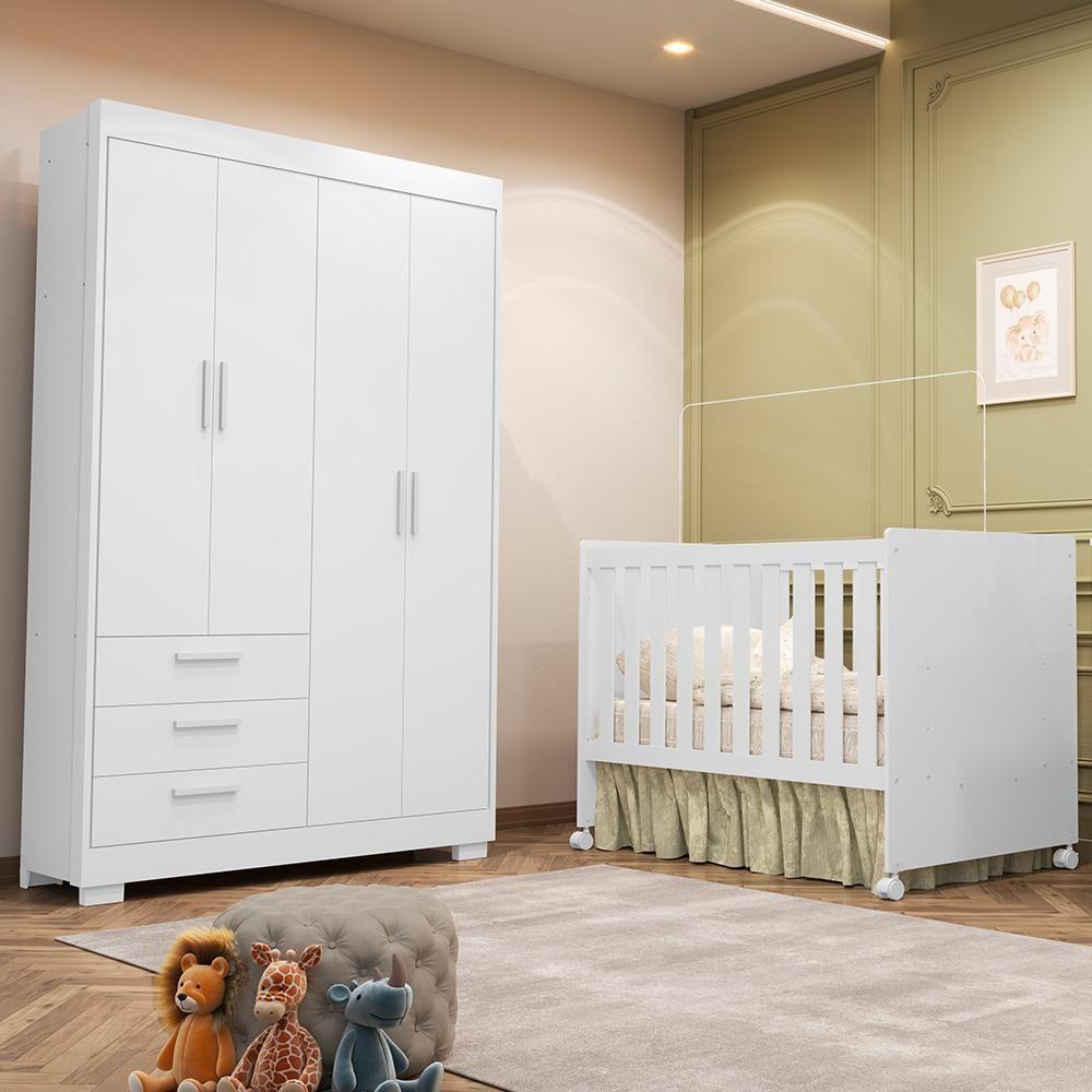 Jogo De Quarto Infantil Zaki Guarda Roupa E Berço Katatau Branco Fosco - Reller Móveis Branco Fosco - 5