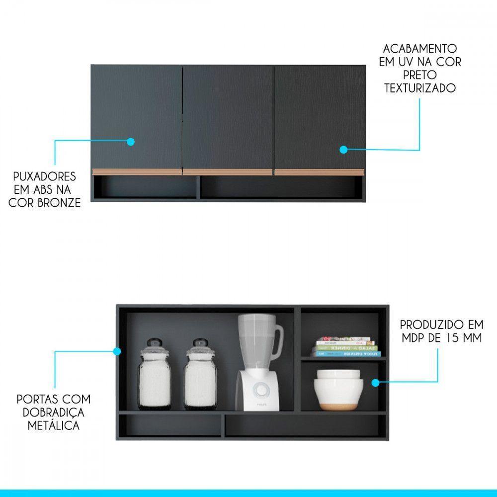 Armário Aéreo 03 Portas 120x52cm Mdp 0451 Menu Móveis Preto - 2