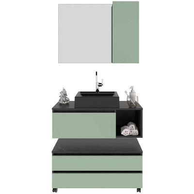 Kit Gabinete Balcão E Espelheira De Banheiro Marina Mármore Lunar/verde Mar