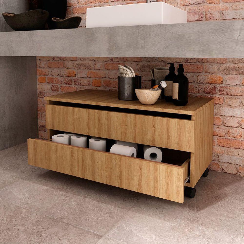 Balcão Para Gabinete De Banheiro 2 Gavetas Com Rodízios Amêndoa - 6