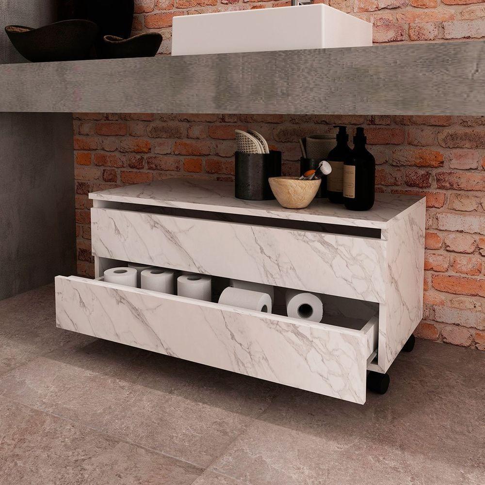 Balcão Para Gabinete De Banheiro 2 Gavetas Com Rodízios Mármore Branco - 6