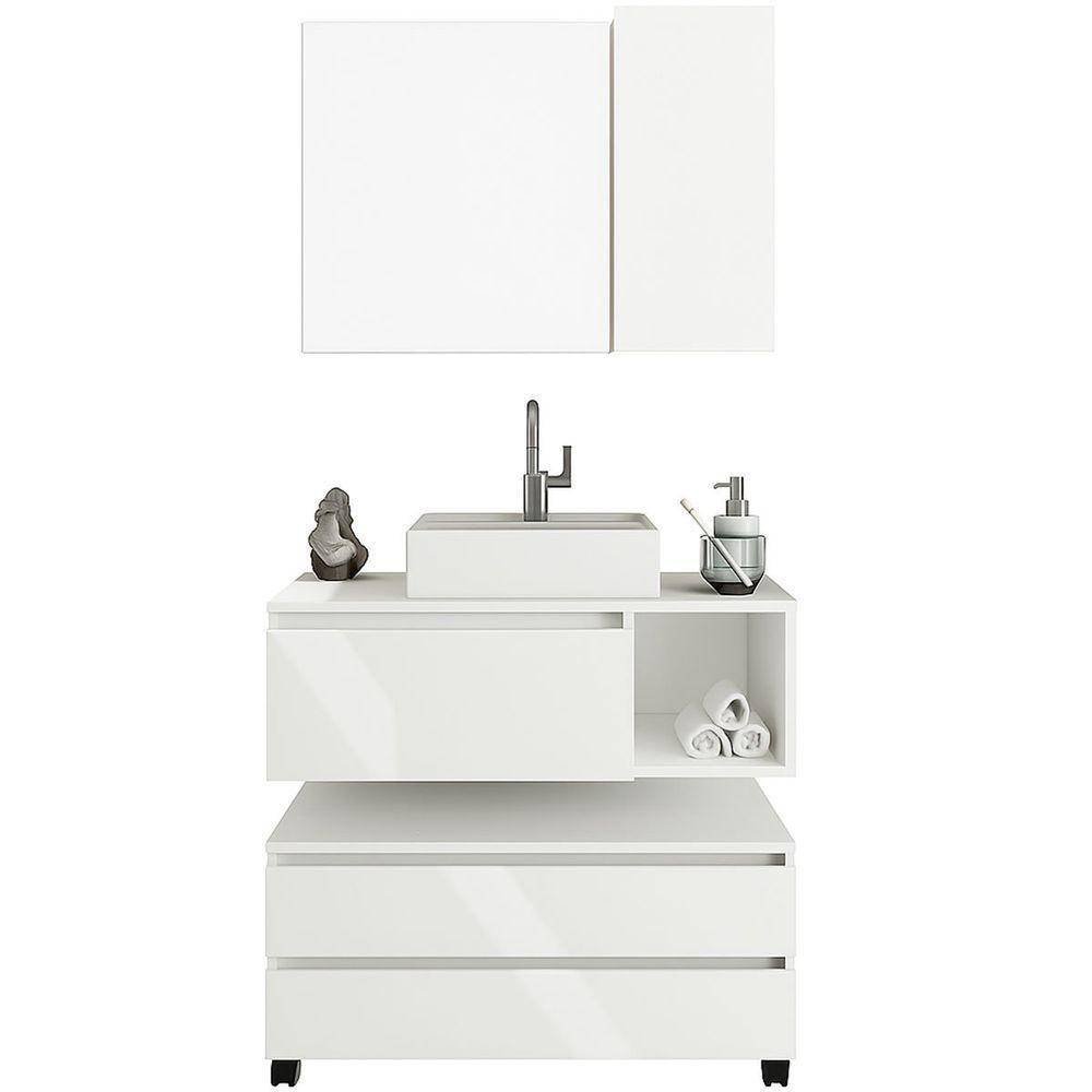 Kit Gabinete Balcão E Espelheira De Banheiro Marina Branco - 1