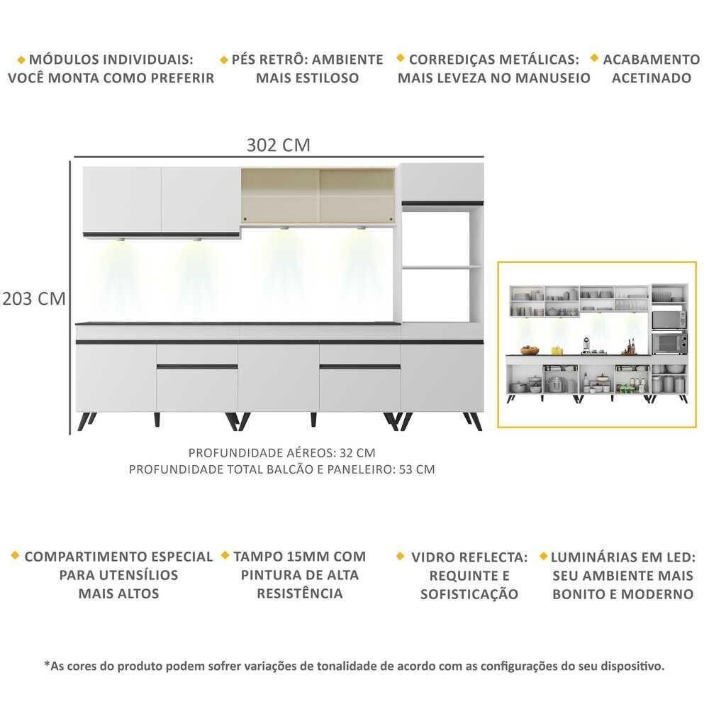 Armário De Cozinha Completa 5 Peças Com Leds Mp2014.964 Veneza Up Multimóveis Branco - 5