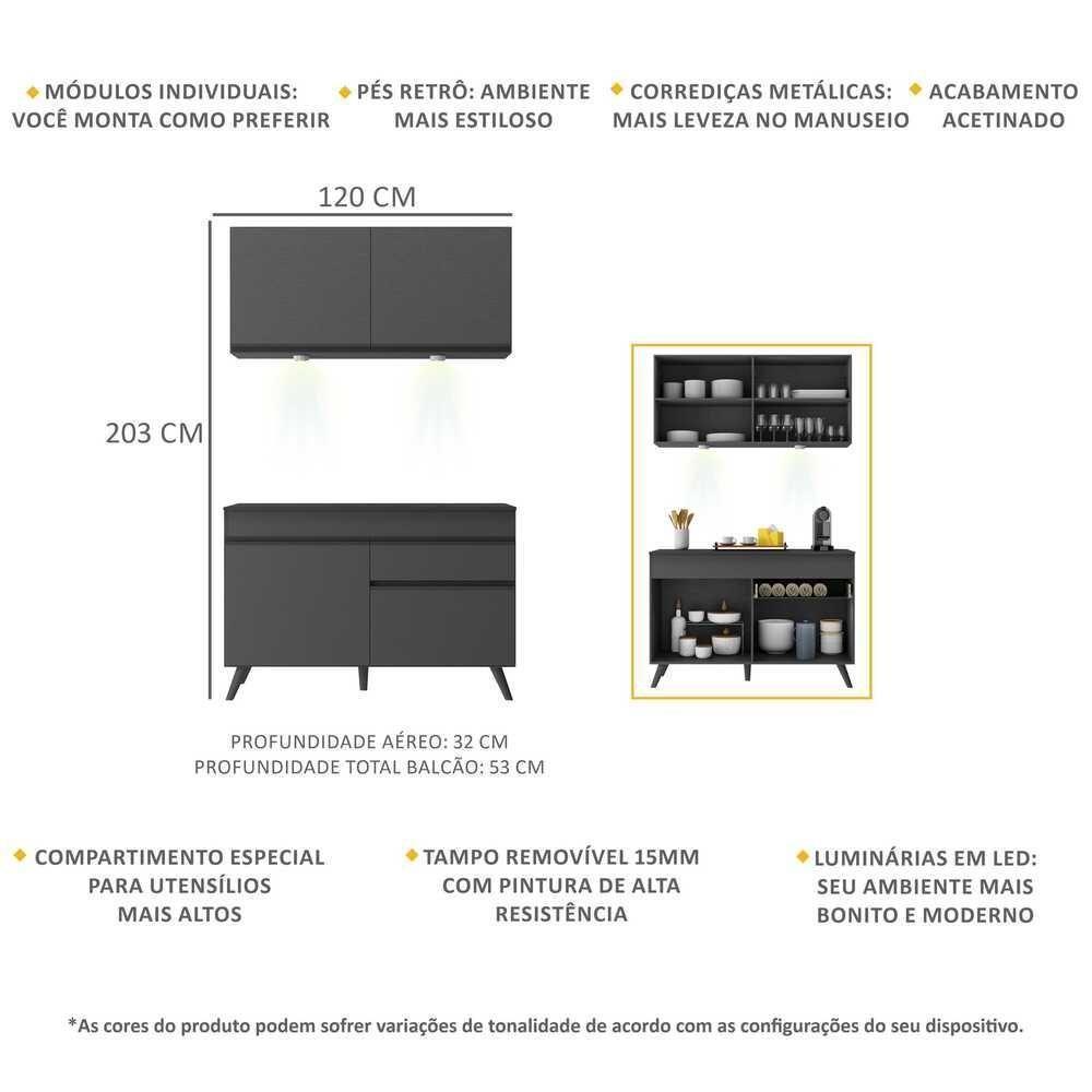 Armário De Cozinha Compacta 2 Peças Com Leds Mp2012.895 Veneza Up Multimóveis Preto - 6