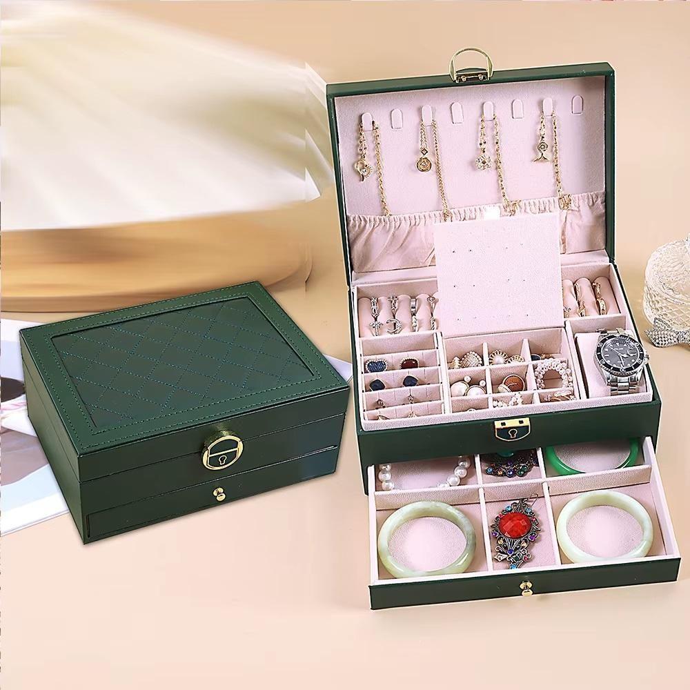 Maleta Caixa Porta Joias Estojo Organizador 2 Níveis Gaveta Anéis Brincos Pulseiras Relógio Verde - 5