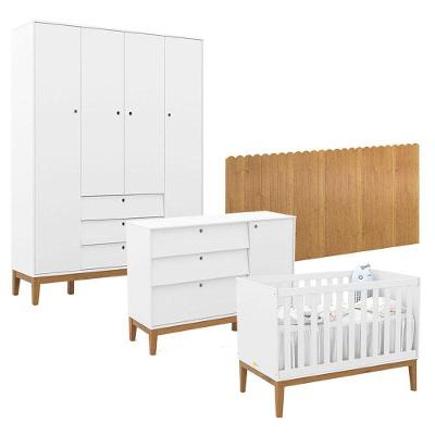 Quarto De Bebê Unique 4 Portas Com Cômoda Sapateira E Painel Farm Branco Soft Eco Wood - Matic