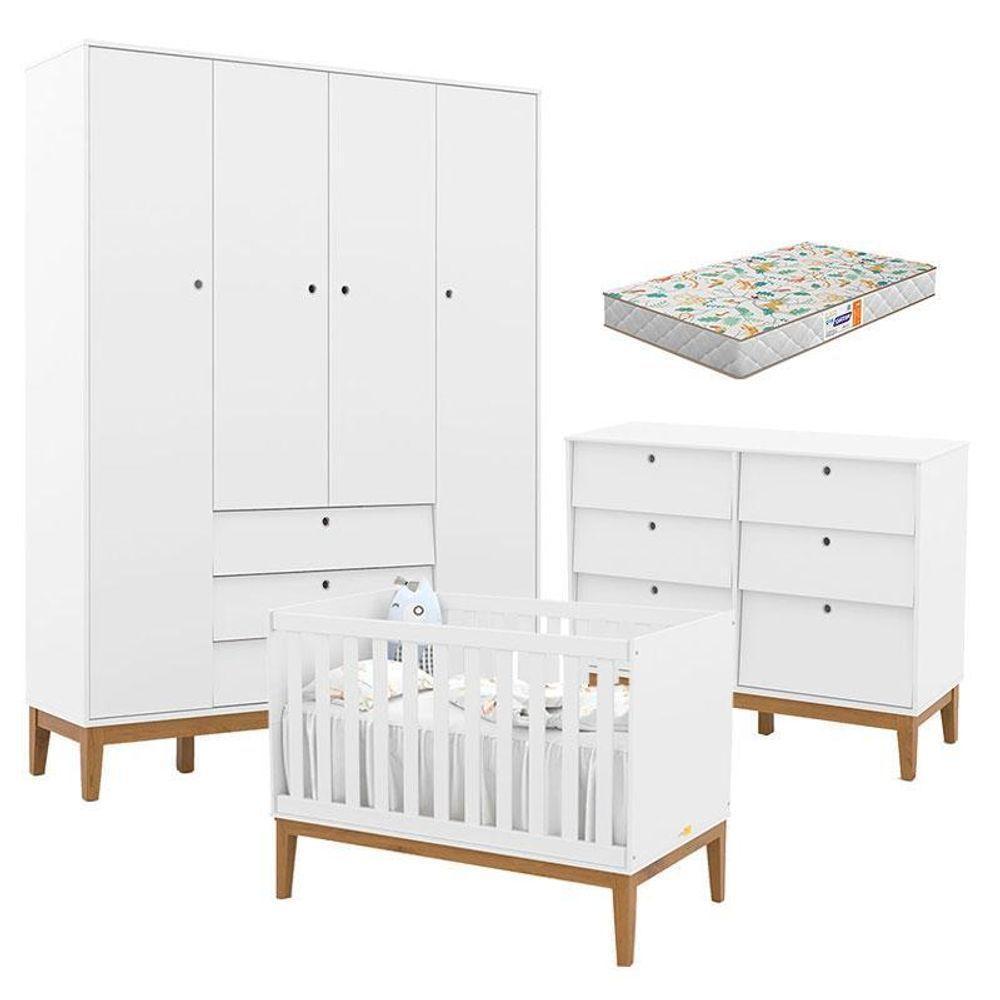 Quarto De Bebe Unique 4 Portas Com Cômoda 6 Gavetas Branco Soft Eco Wood E Colchão Gazin - Matic - 1