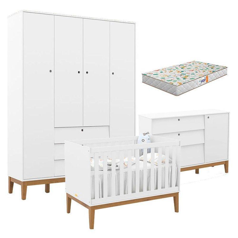 Quarto De Bebe Unique 4 Portas Com Cômoda Sapateira Branco Soft Eco Wood E Colchão Gazin - Matic - 1