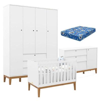 Quarto de Bebê Unique Kit 4 Portas 3 Gavetas em MDF 154cm Branco Soft Eco Wood Matic