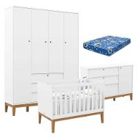 Quarto De Bebe Unique 4 Portas Com Cômoda Sapateira Branco Soft Eco Wood E Colchão Ortobom - Matic - 1