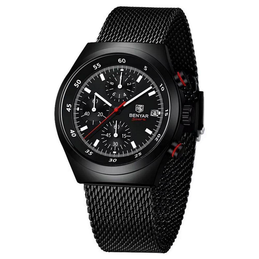 Relógio Masculino Quartzo Design Esportivo Com Cronógrafo À Prova Da Água Preto - 1